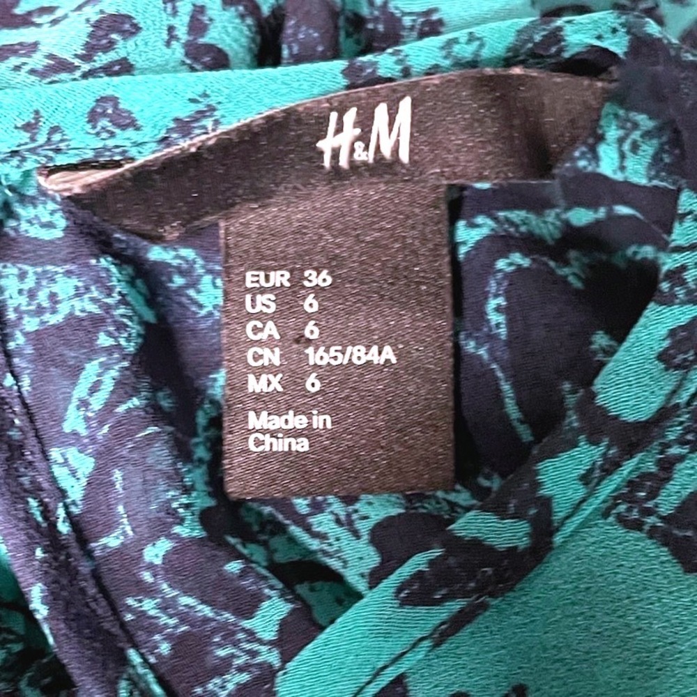 H&M Women Teal Navy Floral Chiffon Maxi Dress Size 6 Metal Bar VNeck Long Sleeve - Picture 8 of 9